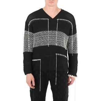 Roberto Cavalli Mens Black / Beige V Neck Stripe Sweater, Size Medium