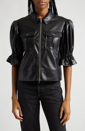 Cinq à Sept Holly Ruffle Faux Leather Jacket in Black at Nordstrom, Size Xx-Small