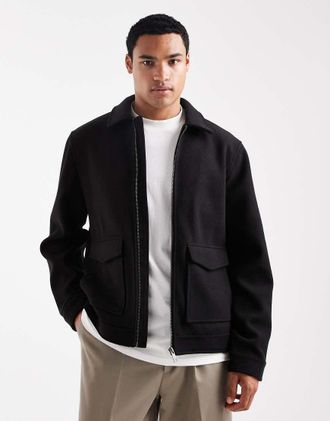 Threadbare Giacca effetto lana nera con colletto e zip sul davanti-Nero