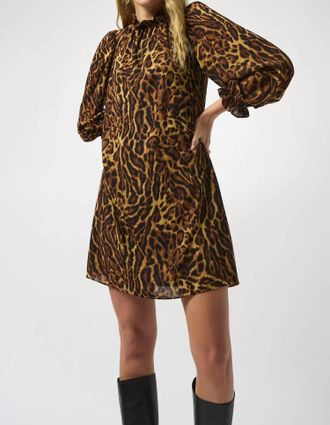 Joseph Ribkoff Animal Print Georgette Long Puffed Sleeve Trapeze Dress In Black/brown
