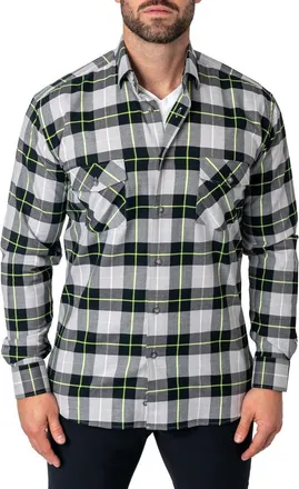 Maceoo Plaid Embroidered Cotton Flannel Button-Up Shirt in Black at Nordstrom, Size Xx-Large