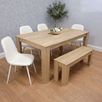 Kosy Koala Dining Table Set Oak Effect Table With 4 White Chairs & Bench Dining Room Furniture in Brown