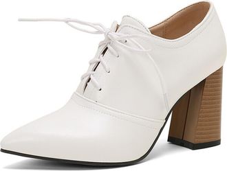 Generic Women Pointed Toe Oxfords Lace Up Chunky Ribbed Block Heel Contrast Laces Stitched Panel Narrow Toe Cap Non Slip Durable Comfortable Daily Shoes,White