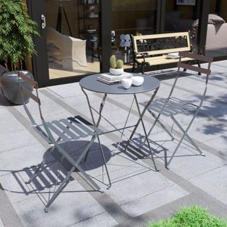 Home Discount 3 Piece Metal Bistro Set Garden Furniture Outdoor 2 Seater Table & Chairs Set, Dark-Grey