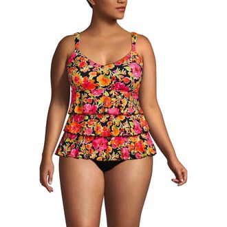 Lands End Plus Size Ruffle Fauxkini One Piece Swimsuit in Painted Blooms/black at Nordstrom, Size 24W
