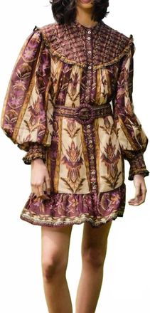Farm Rio Embroidered Tapestry Long Sleeve Mini Dress In Beige