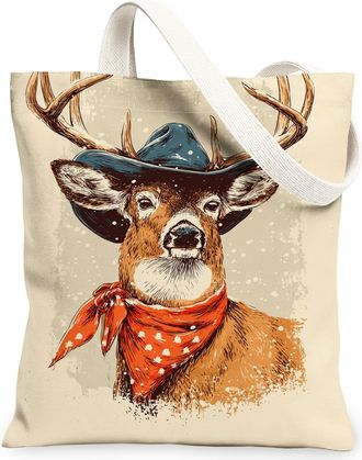 Generic Vintage Western Deer Canvas Tote Bags, Rustic Animal Art Pattern Reusable Grocery Bags, Lightweight Washable Shoulder Strap, Beige, 13x15 Inch
