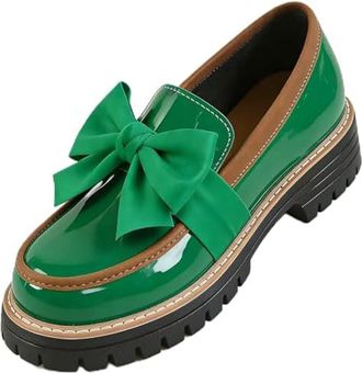 Generic Womens Patent Bowknot Thick Sole Loafers, Elegant Bowknot Slip-On Chunky Heel Shoes, for Business Casual Office Work & Everyday Wear (Green,8.5)