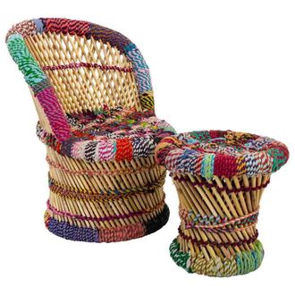 Wanderlust Deco Wanderlust Deco - Set 2 Sill&oacute;n Y Taburete De Bamb&uacute; Y Cuerda De Colores