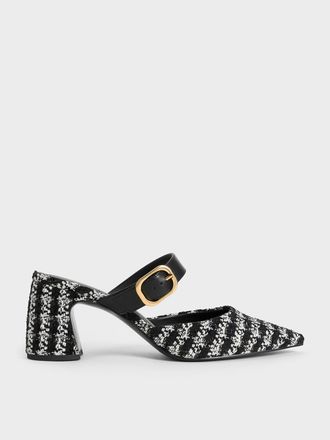 Charles & Keith Tweed Pointed-Toe Mary Jane Heeled Mules