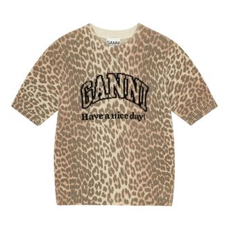 Ganni T-Shirts, female, Brown, S, Leopard Print Graphic Wool Mix T-shirt