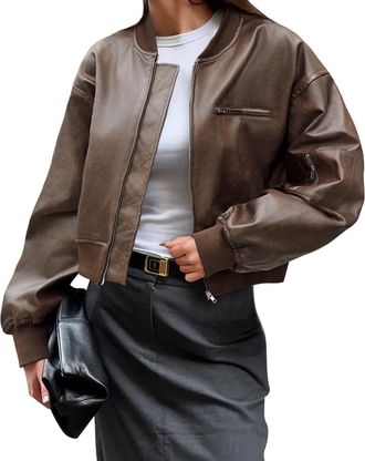 Generic Womens Faux Leather Bomber Jackets Baseball Collar Zip Up Cropped Biker Coat with Pockets (Brown,M)