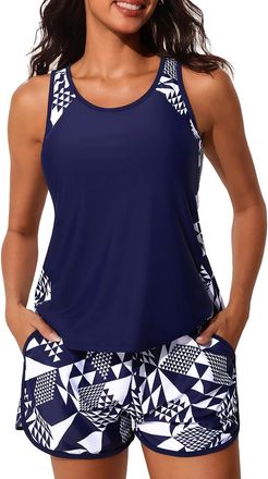 Generic Swimming Costume Women Tankini Sets 2 Piece Modest Swimwear Tummy Control Swimsuit with Built-in Bra High Waist Built-in Bottom Swim Shorts Bathing Su