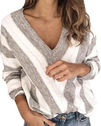 Generic rtdgcv Pullover for Women Melange Closure Cardigan Womens Pullover with V-Neck Long Sleeve Striped Neckline Knitted Jumper with Lace Womens Vintage Pu