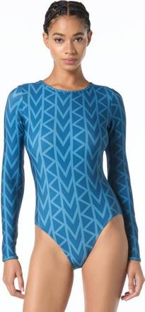 Michael Kors Twill Logo Long Sleeve One-Piece Swimsuit in River Blue at Nordstrom, Size 12