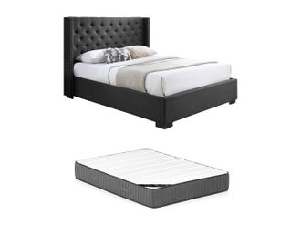 Vente-Unique Cama con cabecero capiton&eacute; - 180 x 200 cm - Tela - Gris + Colch&oacute;n - MASSIMO II