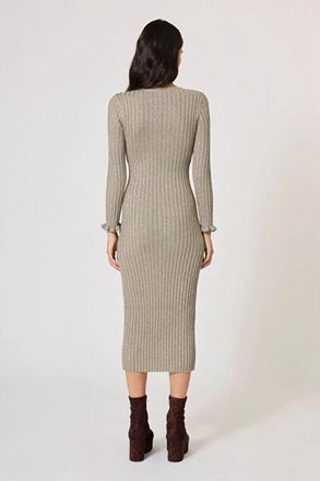 Manoush Glitterende Geribbelde Lange Jurk - Dames - Kleedjes - Grijs - L - Polyester - Kleedjes