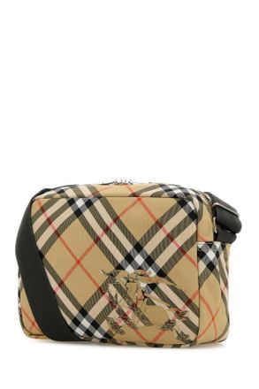 Burberry Mens Embroidered Fabric Check Crossbody Bag Sand Polyester Polyurethane Borse A Tracolla