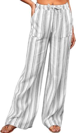 Generic Womens Striped Wide-Leg Palazzo Pants - Relaxed Fit Casual Trousers with Adjustable Drawstring Waist & Side Pockets, Flowy Dress Pants for Summer Grey