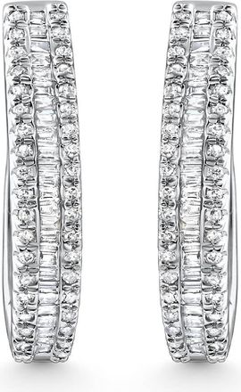 Pompeii3 1/3Ct Baguette & Round Diamond Hoops White Gold 3/4 Tall