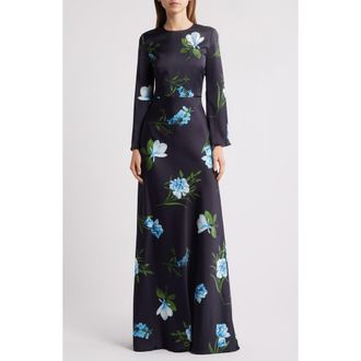 Sachin & Babi Alex Sequin Floral Long Sleeve Satin Crepe Gown in Night Sky Blue Oculata at Nordstrom, Size 8