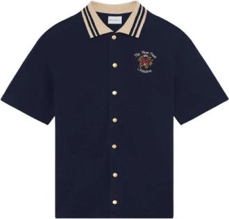 Dr&ocirc;le de Monsieur La Chemise Piqu&eacute;e Slogan Rose - Heren - Korte mouwen Overhemden - Blauw - L - Katoen - Overhemden