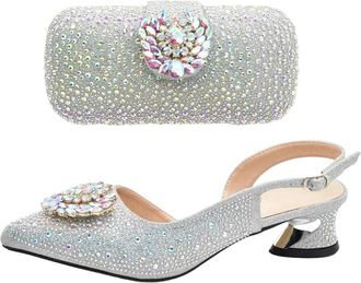 Generic Women Rhinestone Shoes and Bag Set Italian Style Pointed Toe Heels for Office Party Wedding Silver