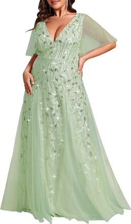 Ever-pretty Women Plus Size Evening Dress Sequins Floor Length Short Sleeves Mint Green 20