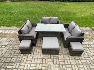 Fimous Rattan Garden Outdoor Furniture 3 PC Love Sofa Set Adjustable Rising lifting Dining Table With 3 Footstools in Dark Grey