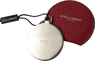 Dolce & Gabbana Red Calfskin Leather Round Hand Mirror Holder Accessory
