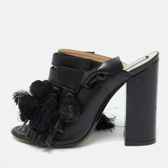 N&deg;21 N&ordm;21 Black Leather Tassel Fringe Block Heel Mules Size
