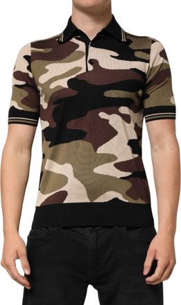 Dolce & Gabbana Camouflage Brown Silk MilitaryPolo Mens T-shirt