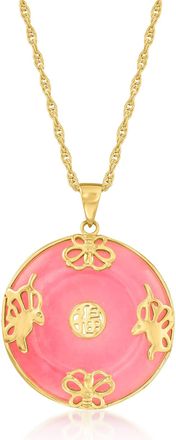Ross-Simons Pink Jade Good Fortune Butterfly Pendant Necklace in 18kt Gold Over Sterling