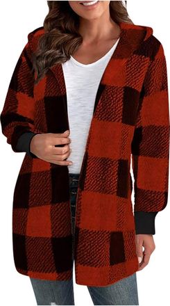 Generic Womens Teddy Fleece Jackets Full Zip Hoodies Checked Fluffy Longline Cardigans Loose Fit Plaid Sherpa Sweatshirt Coat with Pockets Winter Warm Lightwe