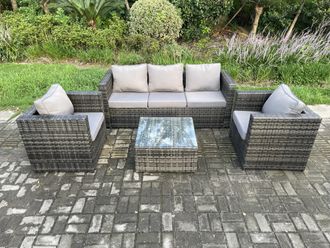 Fimous Outdoor Lounge Sofa Set Wicker PE Rattan Garden Furniture Set with Armchair Squar Coffee Table Dark Grey Mixed