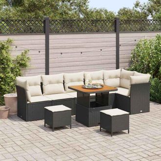 vidaXL Conjunto De Sof&aacute; De Jard&iacute;n Con Coj&iacute;n 9 Pcs Negro Y Crema