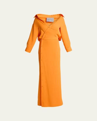 Balenciaga Off-The-Shoulder Silk Cady Asymmetric Maxi Shirtdress
