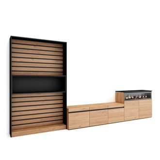 Skraut Home Skraut Home - Muebles De Sal&oacute;n Para Tv, Conjunto De Muebles Comedor, 360x186x35cm, Para Tv Hasta 65, Chimenea El&eacute;ctrica, Estilo Moderno, Roble Y Negro