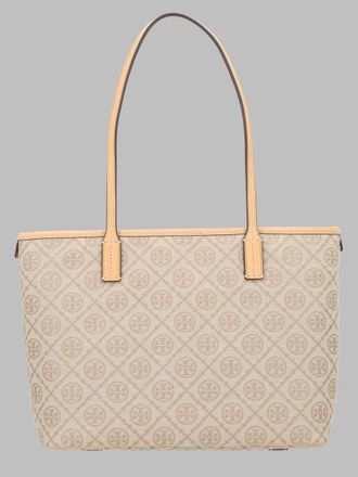 Tory Burch Womens Shopping Bag T Monogram Beige Cotton Polyester Shoulder