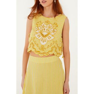 Farm Rio Richilieu Stripe Eyelet Tank in Yellow at Nordstrom, Size X-Large