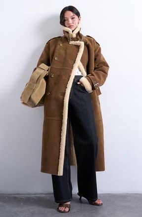 Topshop Longline Aviator Faux Shearling Coat in Brown at Nordstrom Rack, Size Medium
