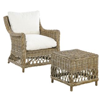 Beliani Beliani - Silla De Jard&iacute;n De Rat&aacute;n Natural Blanco Crema Algod&oacute;n Reposapi&eacute;s Cojines De Respaldo Ribolla