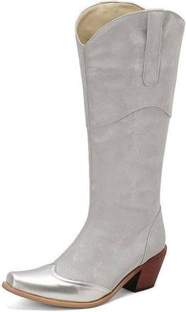 Generic Womens Chunky High Heel Western Cowboy Boots Square Toe Long Boot Pull on Knee High Boots,Silver,7.5 UK