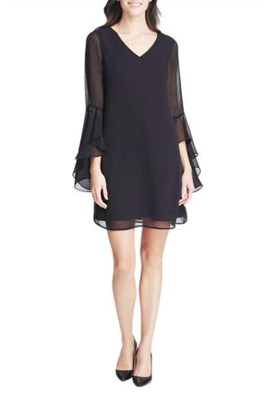 Kensie Unlined Chiffon Sleeve High Low Cuff Ruffle Detail V-Neck Shift Dress In Black