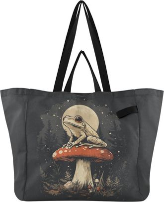 Generic Mushroom Moon Frog Black pattern Reusable Canvas Tote Bag, Heavy Duty Grocery Shopping Bag with Double Handles Hard Bottom Large Capacity Work Groceri