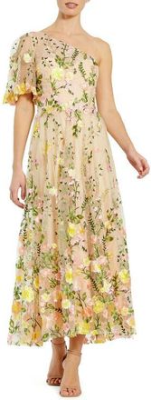 Mac Duggal One Shoulder Floral Lace Embroidered Dress in Yellow Multi at Nordstrom, Size 12