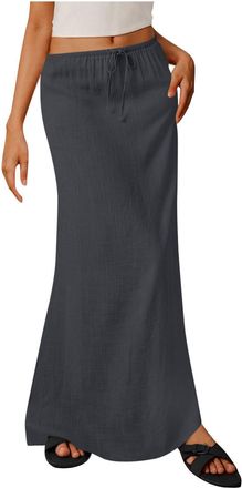 Generic Womens Linen Skirts Ladies Summer Skirts Retro Cotton and Linen Maxi Skirt Elasticated Waist Flowy Full Length Skirt Lace up Retro Casual Half Dress U