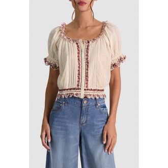 Alice & Olivia McLaine Embroidered Puff Sleeve Cropped Top in Orchard Glow at Nordstrom, Size X-Small