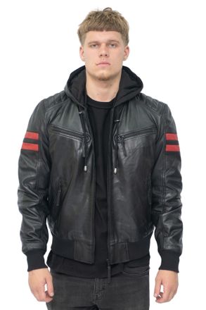 Infinity Leather Mens Hooded Retro Bomber Jacket - Skopje - Black - Size Small