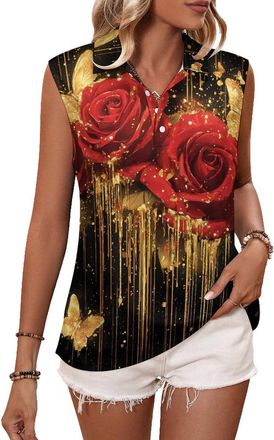 Generic Red Rose Gold Glitter Butterfly Womens Sleeveless Polo Tank Top Athletic Golf Shirt Summer Quick Dry Tennis Shirts 4XL